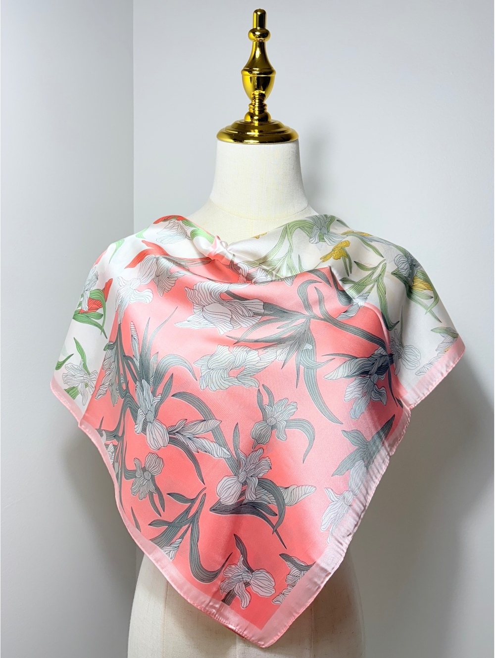 Elegant Satin Polyester Floral Scarf in Coral, White, Green, and Yellow